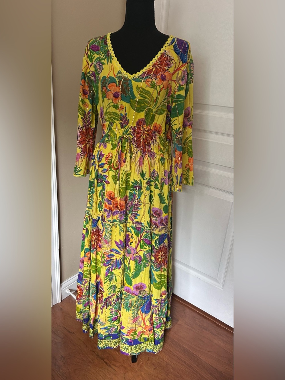 Me 2 Magic Anthropologie yellow floral gold-striped maxi dress